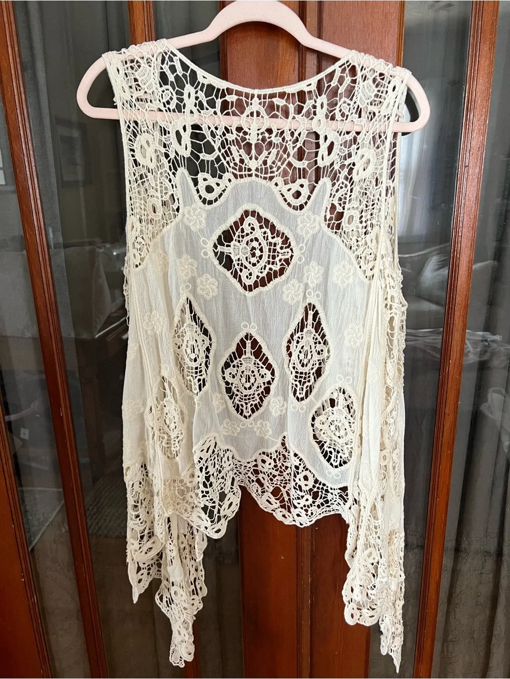 Boho Crochet Lace Open-Front Vest - Cream